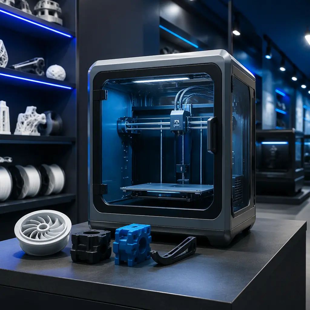 Enclosed 3D printer on display at a distributor trade show booth, printed sample parts on the table, product brochure stand, deep navy background with electric blue accent lighting, industrial photography, no people, no text, no logos