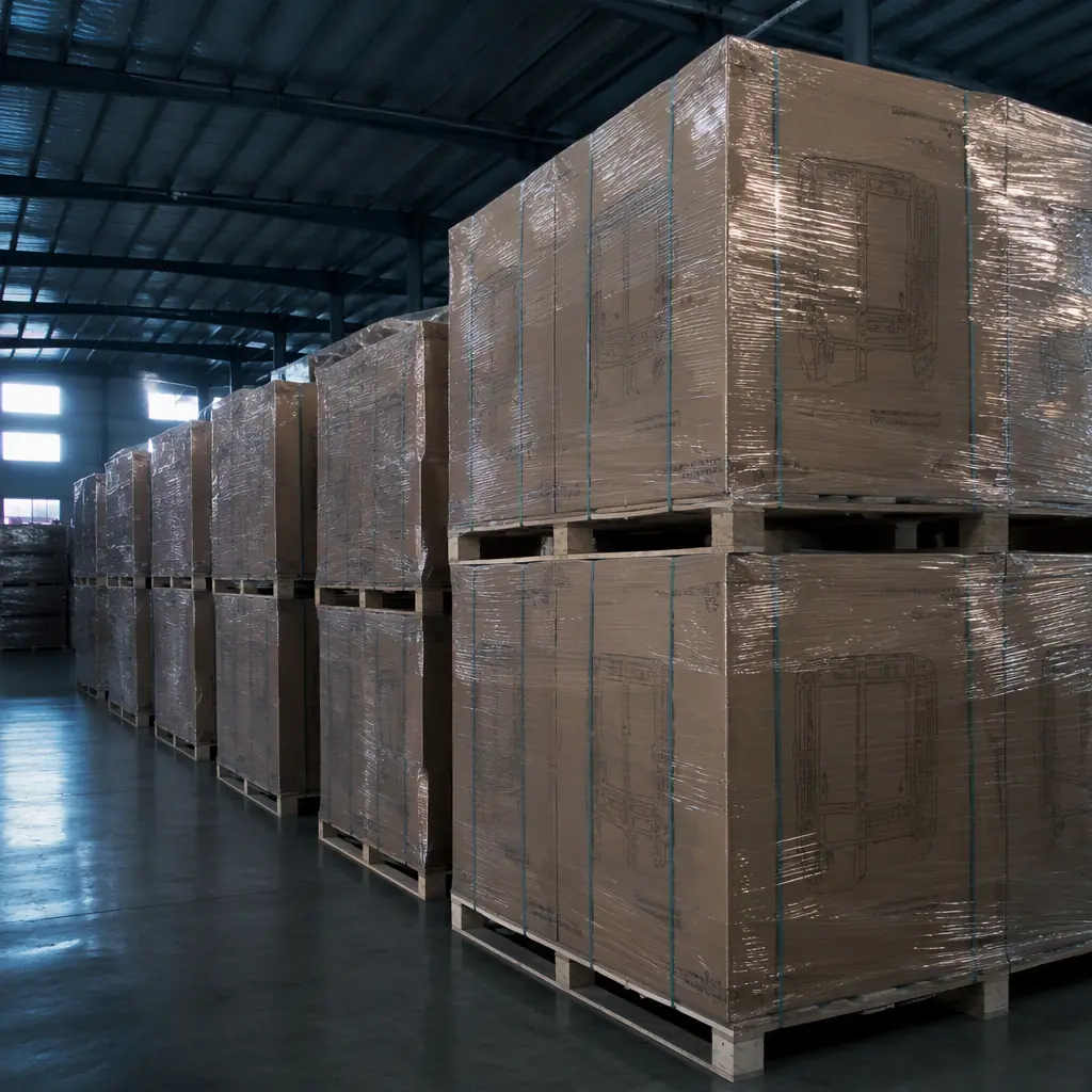 Warehouse pallets of boxed 3D printers shrink-wrapped for export, shipping labels on cartons, industrial warehouse lighting, deep navy and teal tones, photorealistic logistics photography, no people, no text