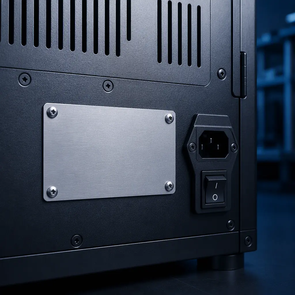 Close-up of serial number label on the back panel of a 3D printer, quality inspection tag attached, factory inspection lighting, macro photography, cool blue tones, no people, no text overlays