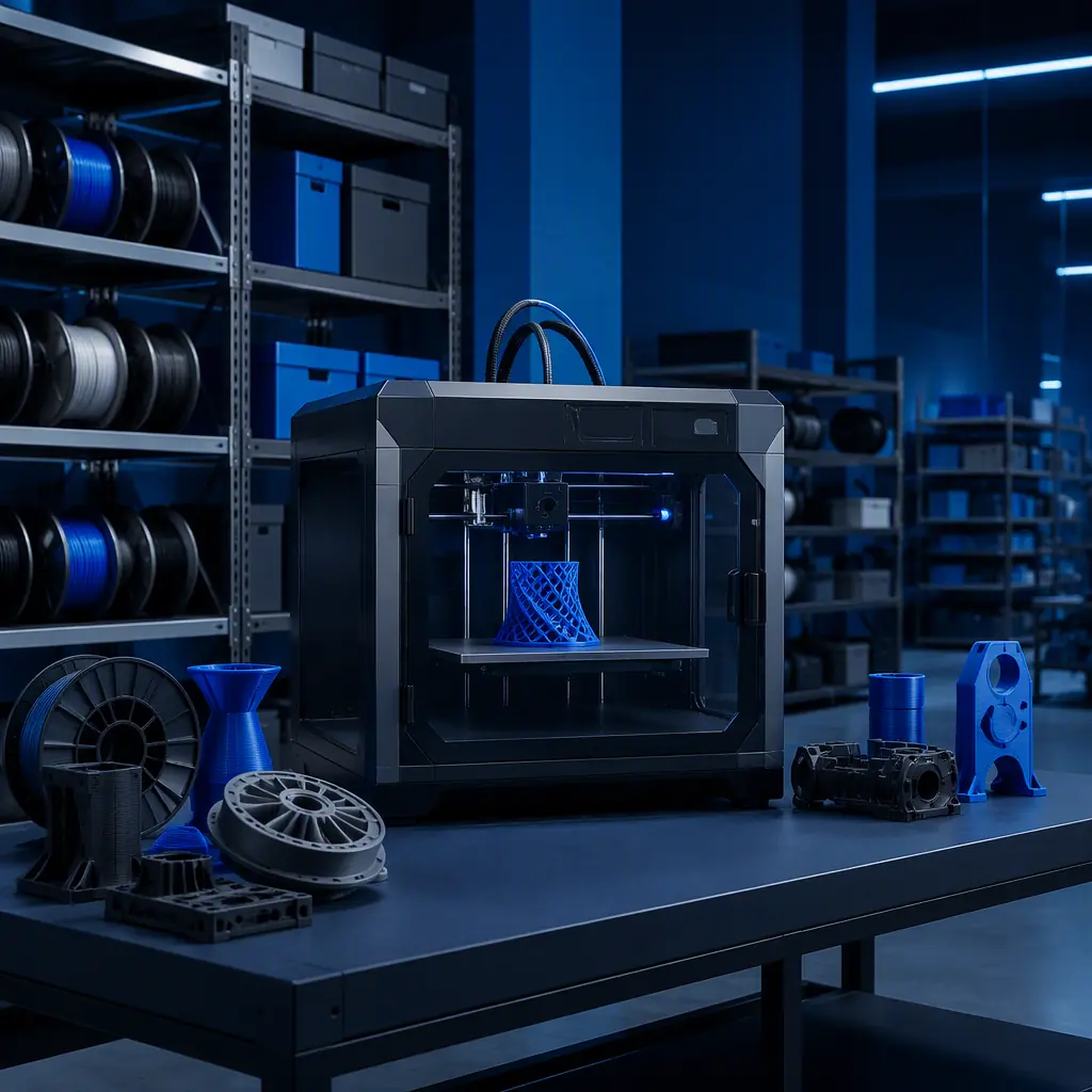 Distributor sales meeting in a warehouse showroom, 3D printer on display table with printed sample parts, contract documents and laptop on the table, industrial interior with electric blue accent lighting, photorealistic, no people, no text, no logos