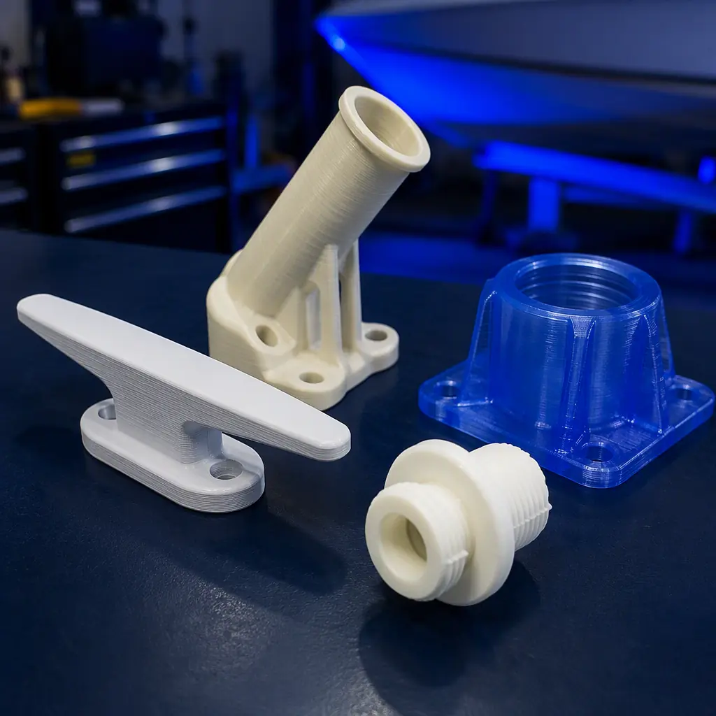 Array of 3D printed marine replacement parts on dark workbench — deck cleat base in matte ASA, rod holder bracket in natural nylon, bilge pump mount in translucent PETG, thru-hull fitting in white polypropylene, all with visible layer lines, macro product photography style, boat workshop background