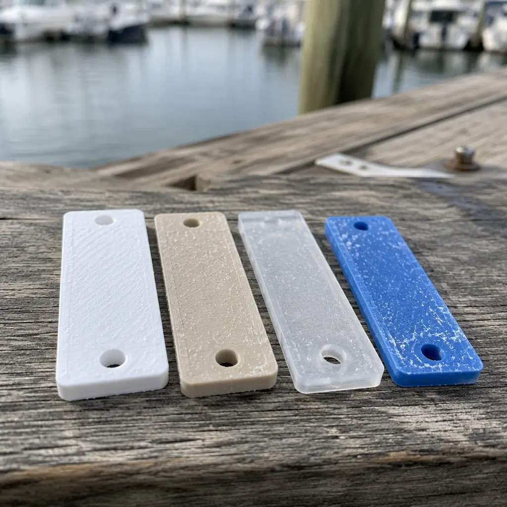 Four 3D printed marine material test coupons arranged on weathered dock wood — ASA in matte white, nylon PA12 in natural beige, polypropylene in translucent white, PETG in blue, salt spray residue on the surface, macro photography with soft daylight, marina background blurred