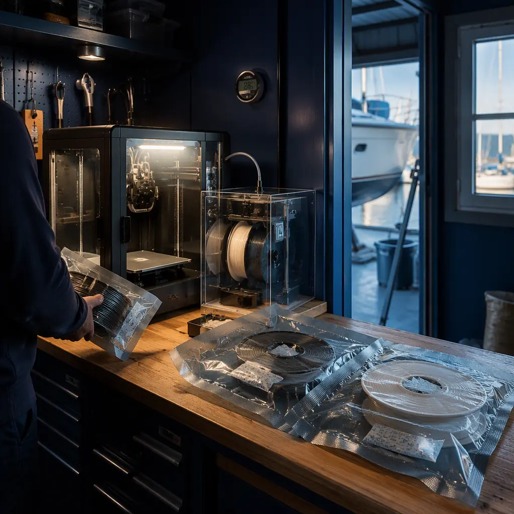 Enclosed 3D printer with filament dry box on a boat workshop bench, nylon and ASA spools in vacuum-sealed bags with desiccant packs, humidity gauge on the wall, boat hull visible through workshop doorway, marina light through window, industrial setting