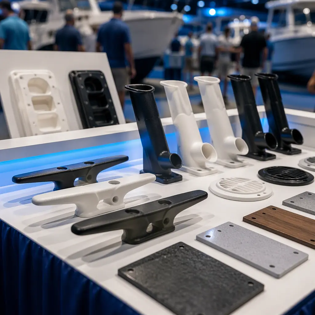 Trade show booth display table with 3D printed marine parts arranged for demonstration — deck cleats, rod holders, vent covers, and printed sample plaques, booth lighting in blue and white, boatyard visitors blurred in background, professional exhibition setting