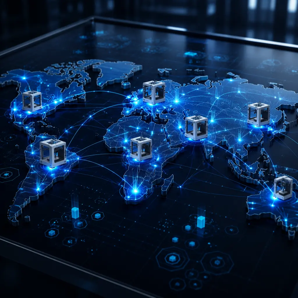 World map with illuminated nodes indicating 3D printer market growth hotspots, geometric data visualization in deep navy background with electric blue accents, tech-forward aesthetic with glowing connection lines
