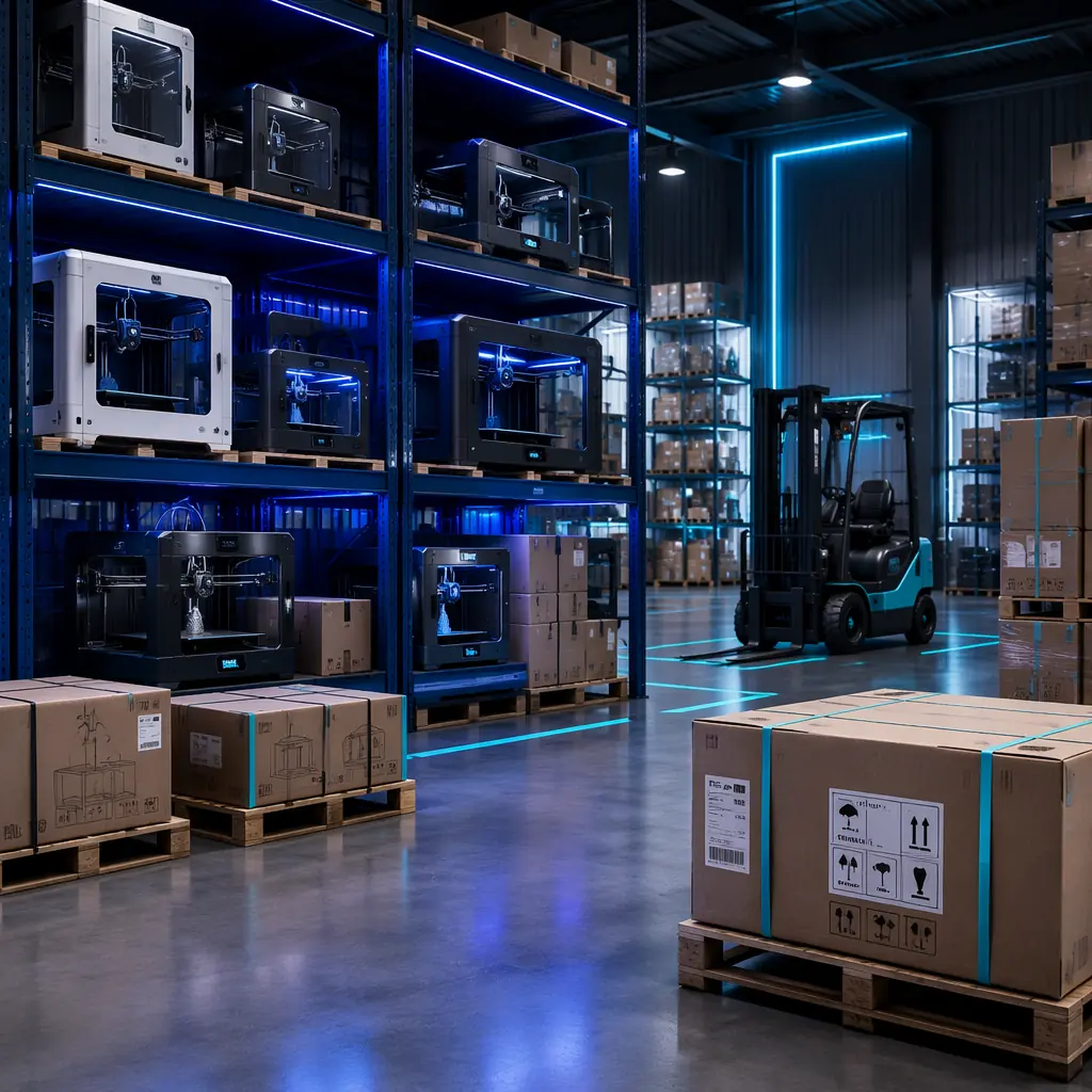 Warehouse shelf with rows of boxed 3D printers in different sizes, industrial lighting, shipping labels and pallets visible, distribution center environment with forklift in background