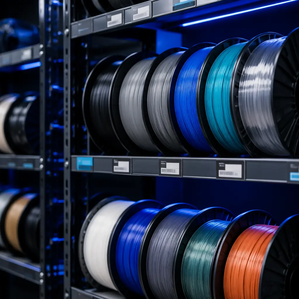 Assortment of 3D printer filament spools on industrial shelving, different colors and materials visible (PLA, PETG, TPU), warehouse lighting, inventory management labels on shelves