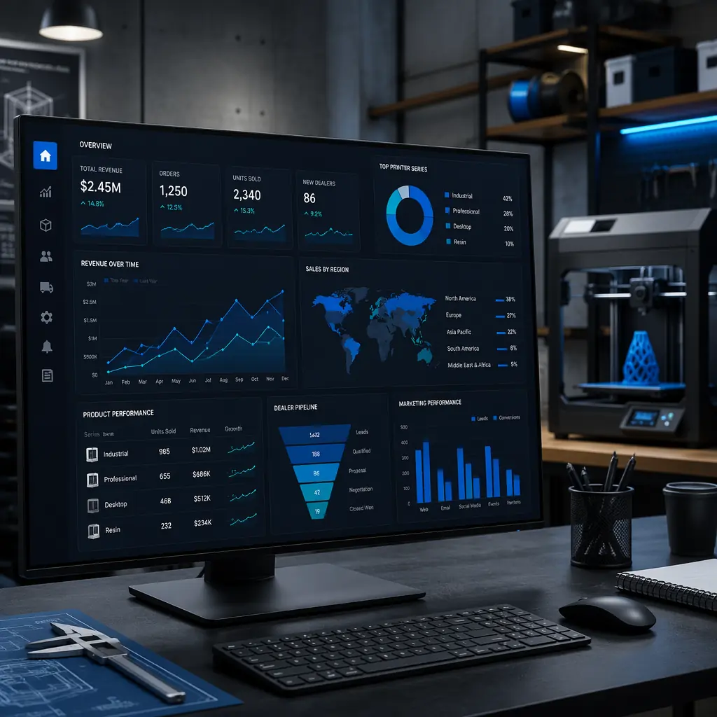 Digital marketing dashboard display for 3D printer distribution showing SEO metrics and lead pipeline data in modern office setting