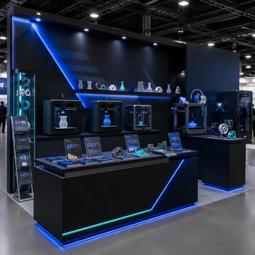 Trade show booth for 3D printer distributor with product displays, demo printers running, and marketing materials on counter