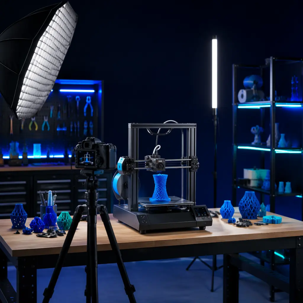 Social media content creation setup for 3D printer brand — camera, lighting, and printer producing timelapse content for Instagram and YouTube