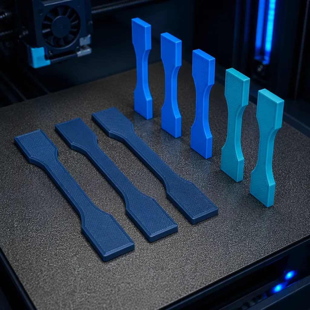 Row of printed dog-bone tensile coupons on a build plate, oriented flat and vertical to compare layer direction