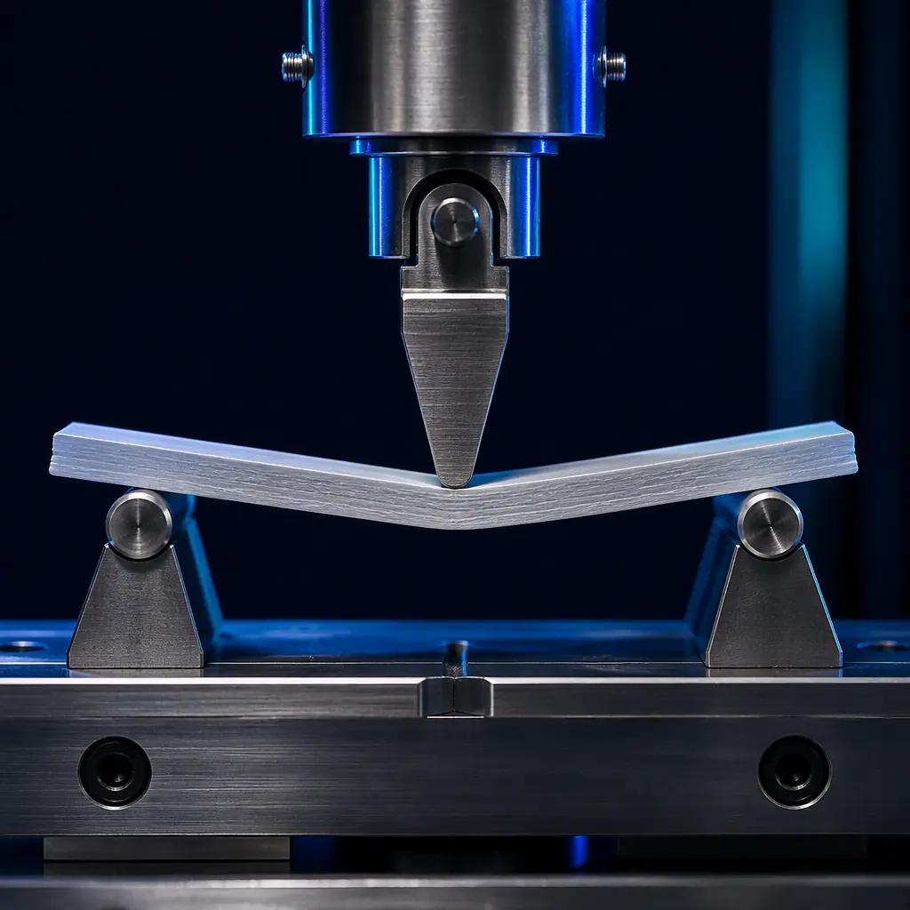 Three-point flexural bending fixture compressing a printed test bar, deflection visible before fracture
