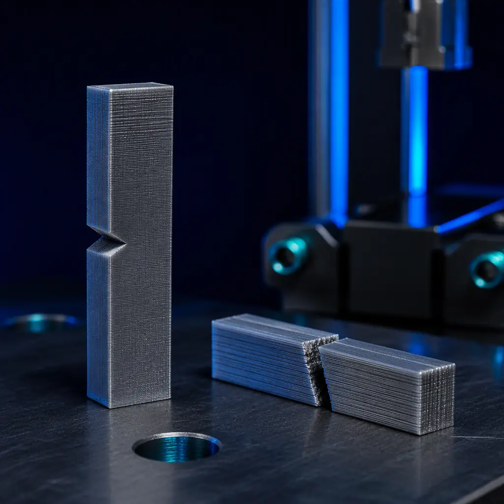 Notched IZOD impact specimen lying beside a broken halves of a printed impact bar on a test bench
