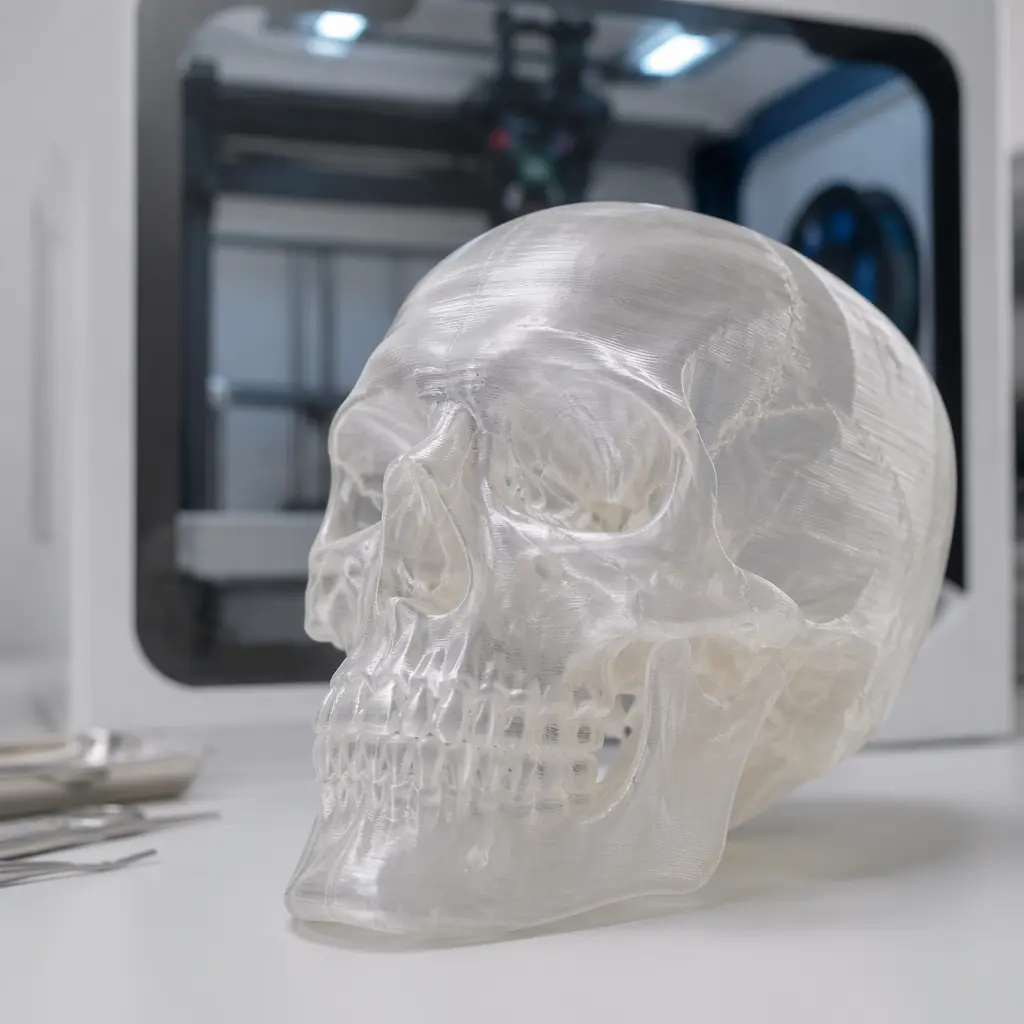 Clean medical workbench with a 3D printer producing a translucent anatomical model of a human skull, surgical lighting, sterile environment aesthetic