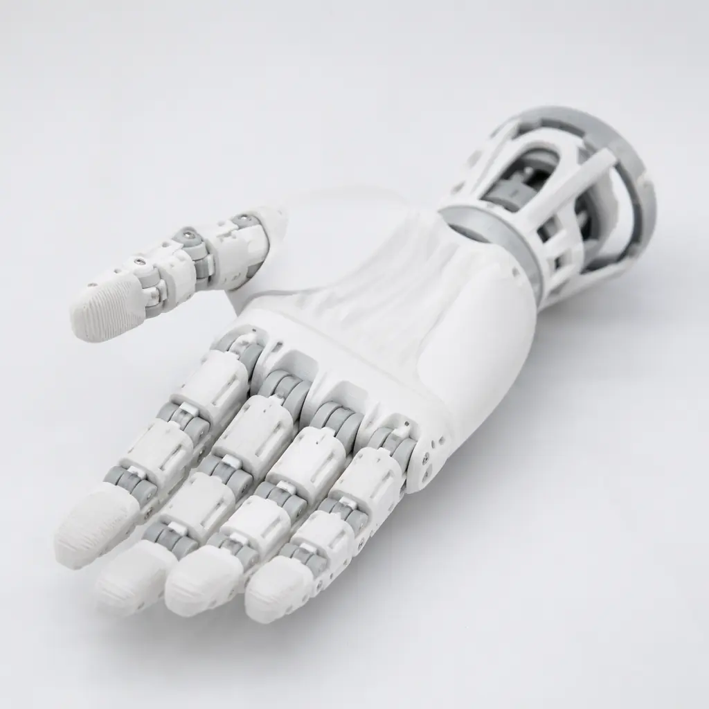 3D-printed prosthetic hand with articulated fingers displayed on a clean white surface, mechanical joints visible, professional product photography style