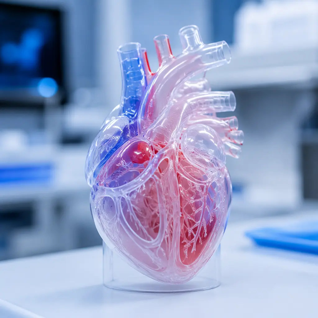 Translucent 3D-printed anatomical heart model with visible internal chambers, displayed on a surgeon's desk alongside planning documents, professional medical environment