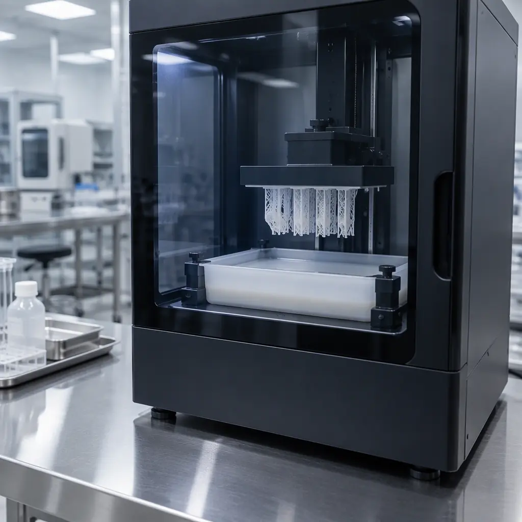 Photograph of an enclosed 3D printer in a clean laboratory setting running a white resin build with a printed documentation binder and inspection tray beside it