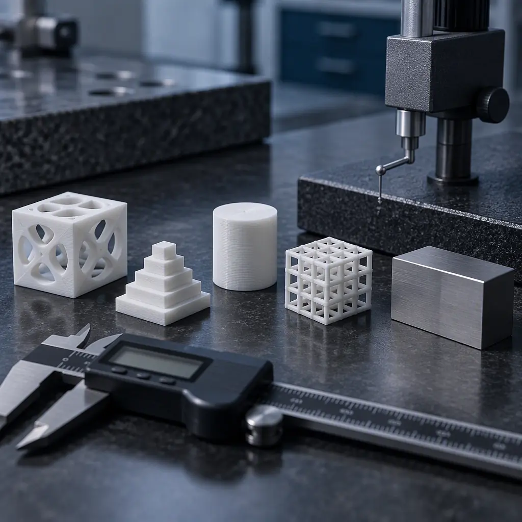 Macro photograph of white 3D printed test coupons and a dimensional inspection gauge arranged on a dark laboratory bench beside a caliper