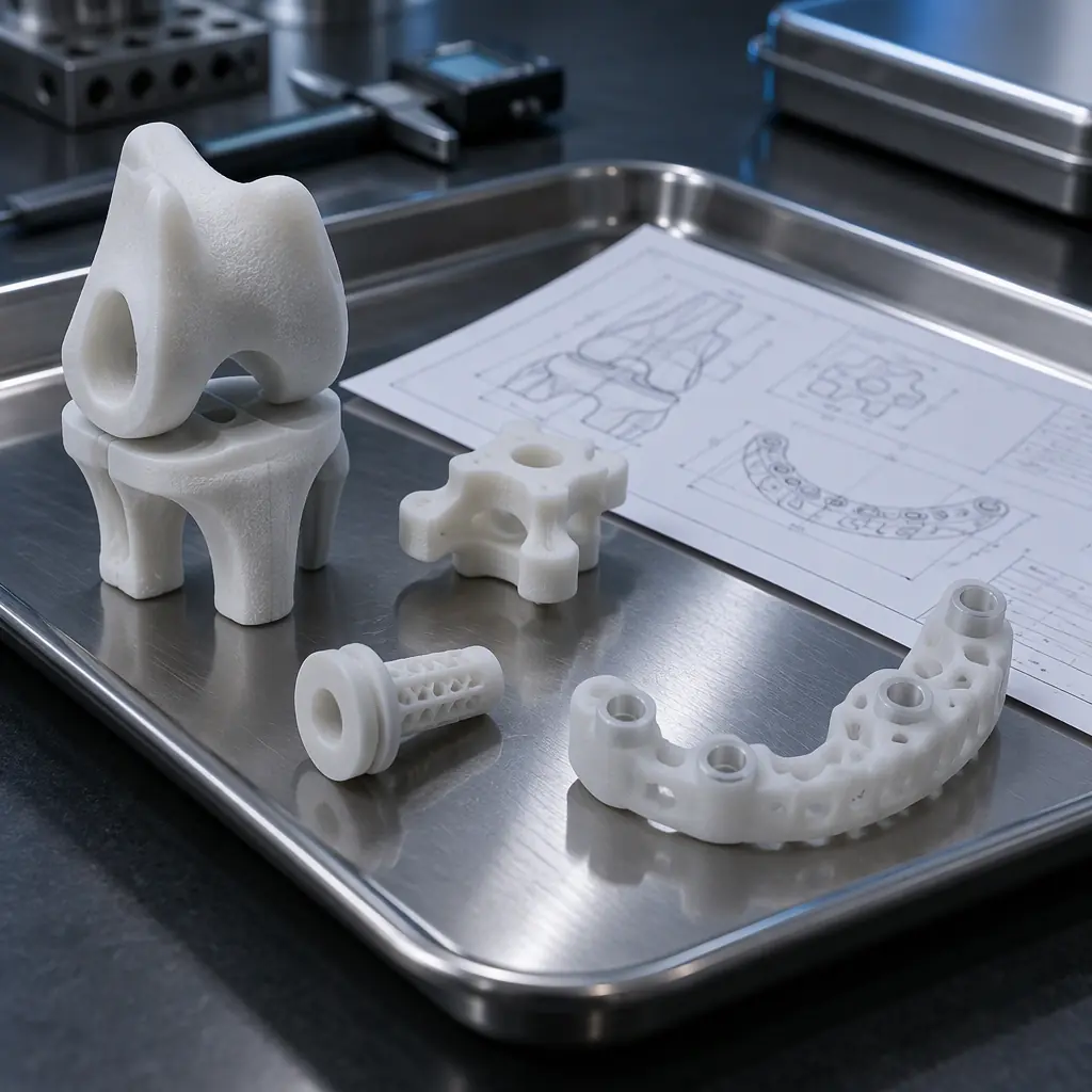 Photograph of a white 3D printed medical device component and a printed surgical guide on a clean stainless tray beside inspection documentation under cool lighting