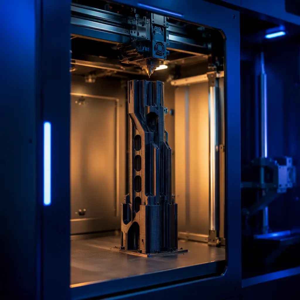 Medium-format 3D printer with heated chamber door open, large printed fixture on the build plate inside