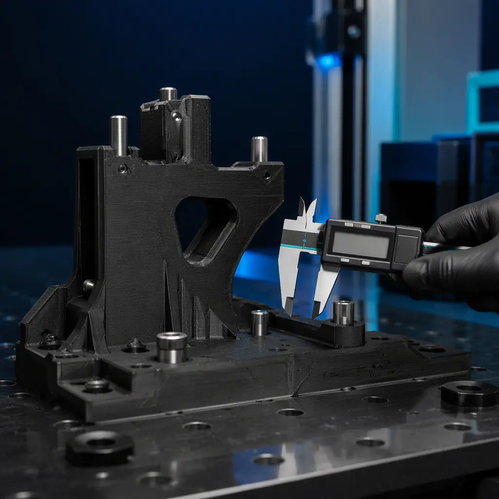 Large 3D printed assembly fixture with locating pins being checked with a caliper on a factory floor
