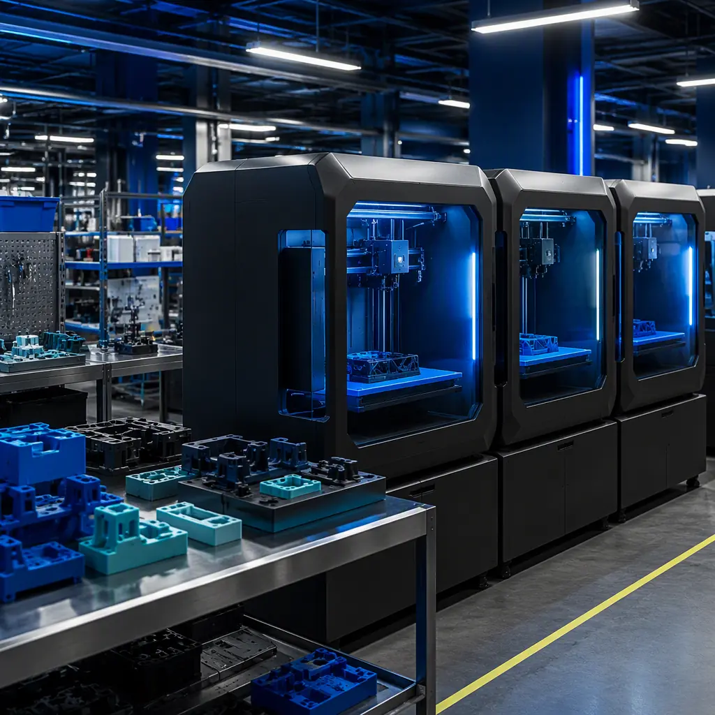 Row of medium-format 3D printers installed on a manufacturing floor beside assembly workstations