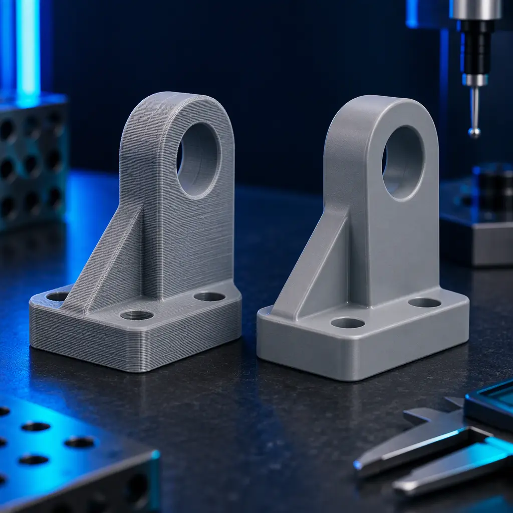 Two identical grey polymer brackets side by side on a dark inspection bench, one freshly printed with visible layer lines and one production-finished, under blue accent lighting