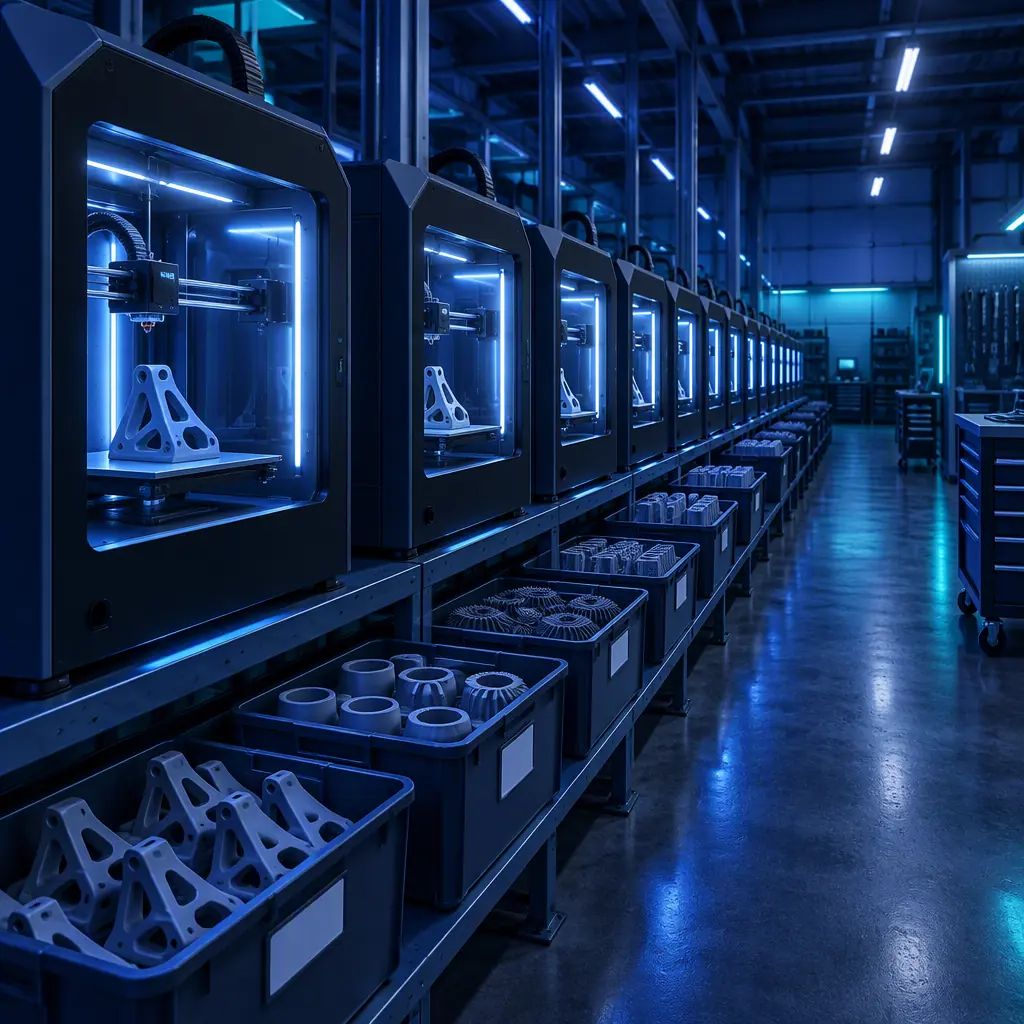 A print farm of identical enclosed 3D printers running in a row inside an industrial workshop, build plates loaded, blue accent lighting along the machine line