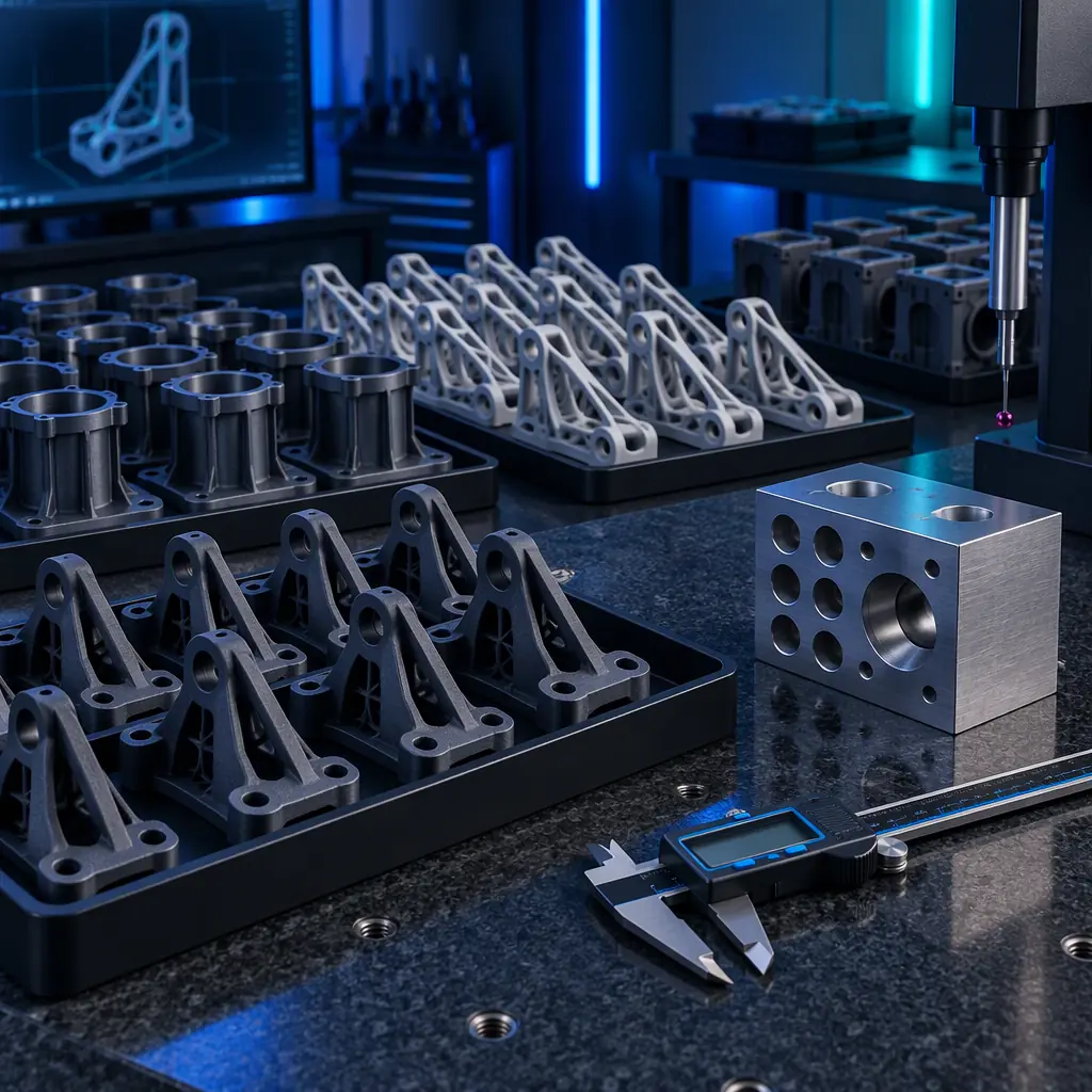 Rows of finished production-grade 3D printed engineering parts in trays on an inspection table, a digital caliper resting alongside, blue accent lighting in a dark metrology room