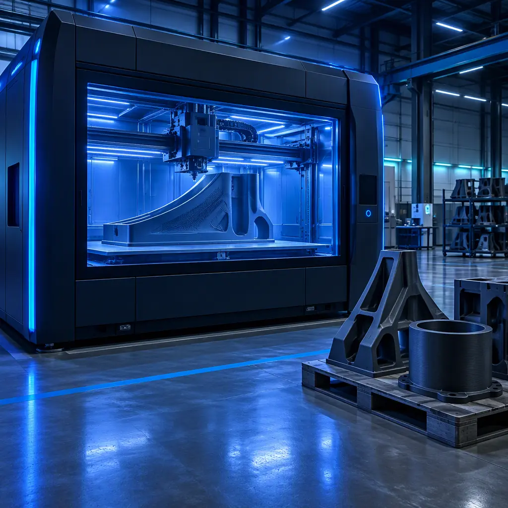 A single large-format enclosed industrial 3D printer in a clean manufacturing hall with a very large build plate mid-print, blue chamber glow