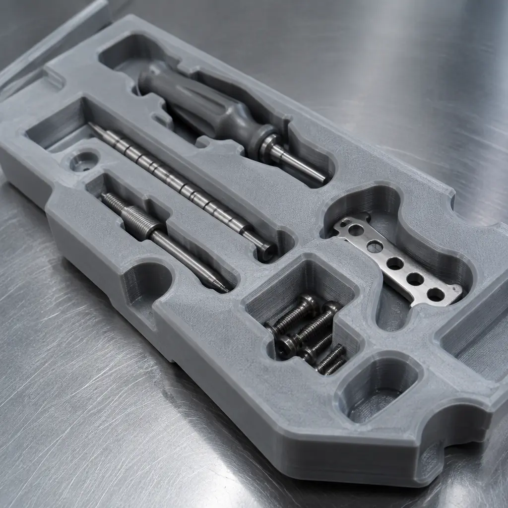 Thermoformed and printed surgical procedure trays on a stainless steel assembly bench, small titanium instruments laid into labelled cavities, cool clinical lighting, shallow depth of field