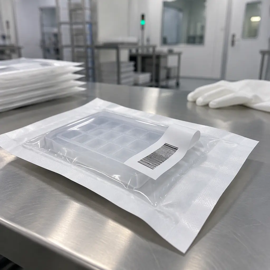 Cleanroom assembly station with sealed Tyvek pouches, a barcode labeller and a printed tray insert behind a protective screen, ISO Class 8 environment, cool white lighting