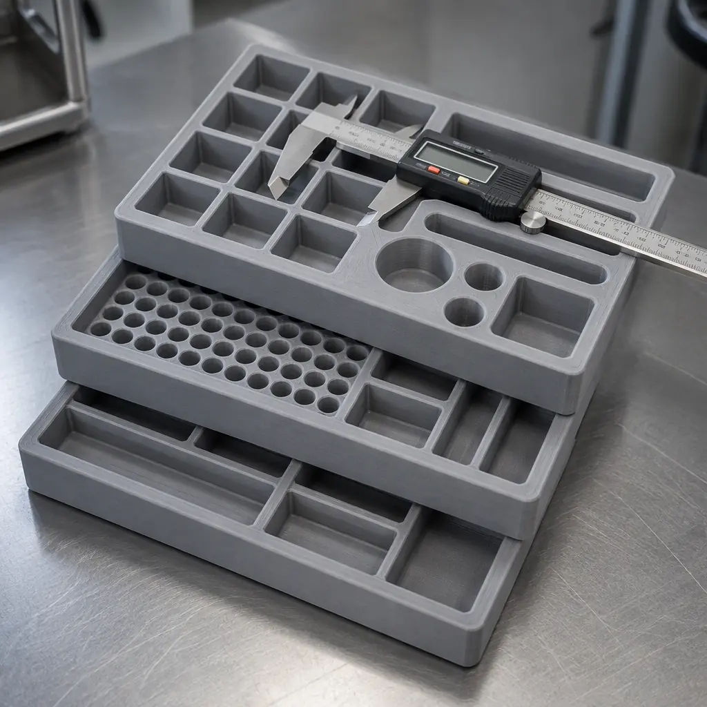Stack of printed tray inserts in three different cavity layouts on a stainless steel bench, calipers resting on the top tray, clean clinical lighting, shallow depth of field