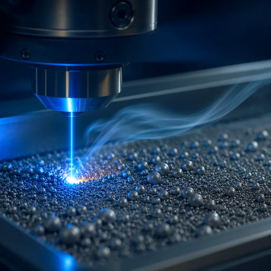 Close-up of metal powder bed fusion process inside industrial 3D printer chamber, laser beam visible on titanium powder surface, inert gas atmosphere, precision engineering shot with deep navy background and electric blue accent highlights, cool teal secondary accents