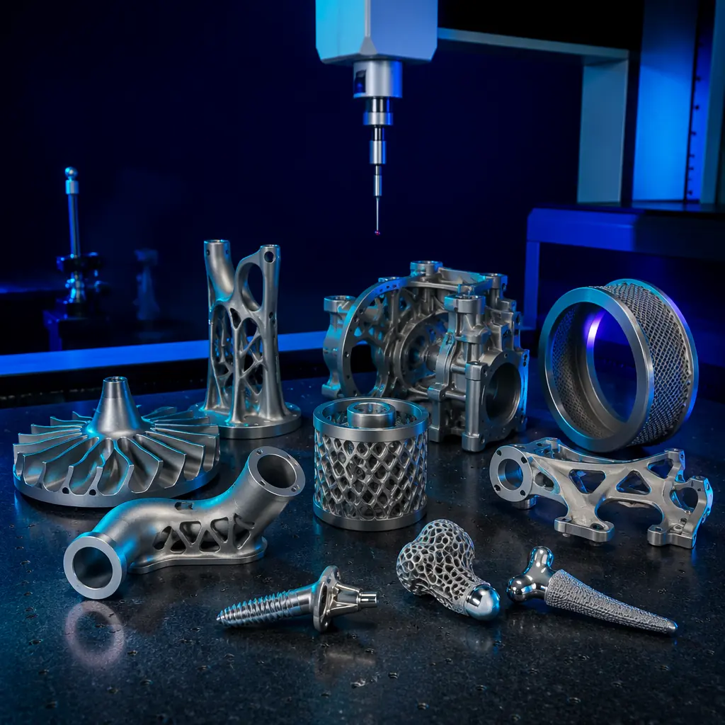 Array of finished metal 3D printed aerospace components on inspection table, titanium and Inconel parts with complex lattice structures, coordinate measuring machine in background, industrial metrology lab setting with cool teal accent lighting