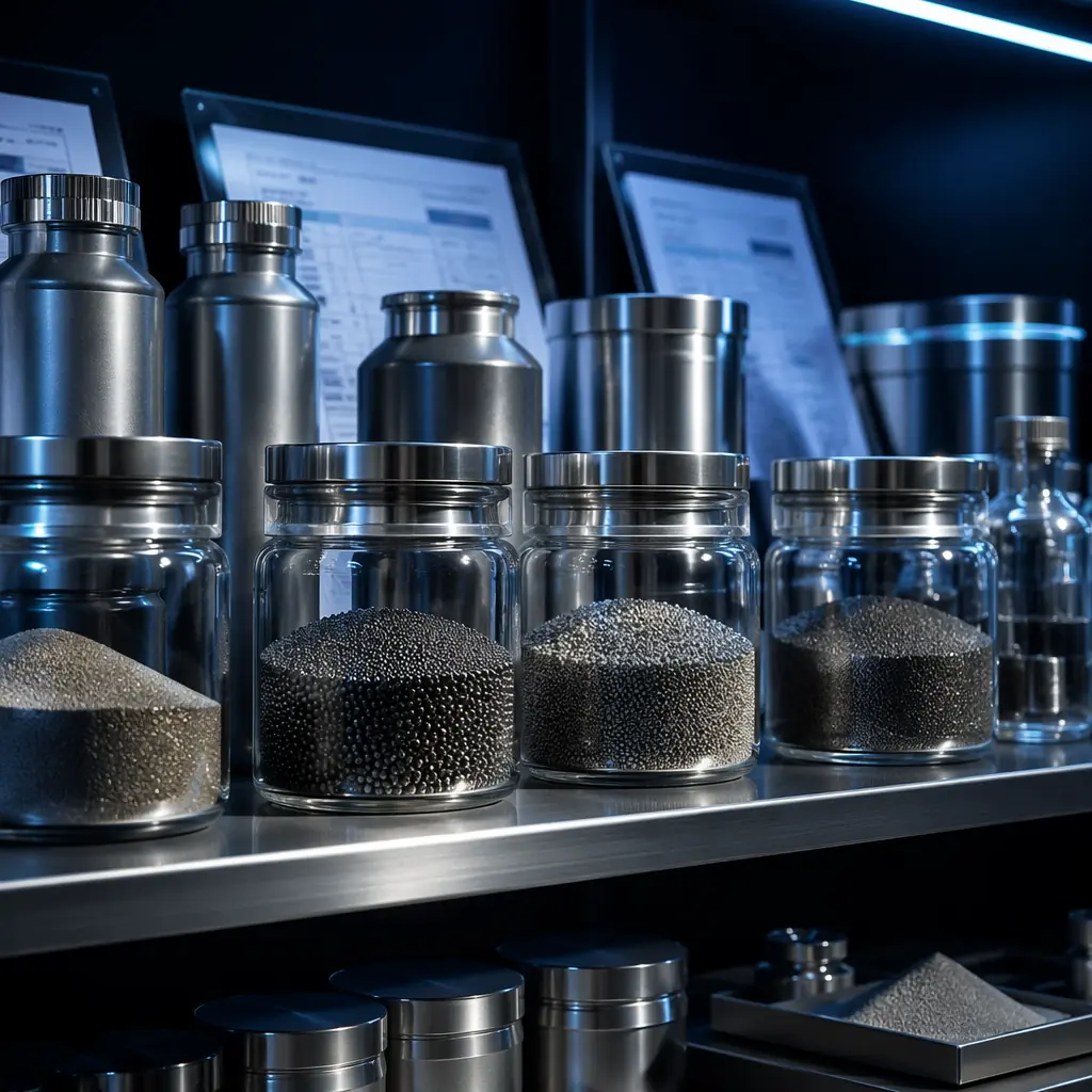 Stainless steel and titanium metal powder in sealed containers on laboratory shelf, gas-atomized spherical powder particles visible in macro detail, quality control documentation and certificates in background, industrial materials storage environment