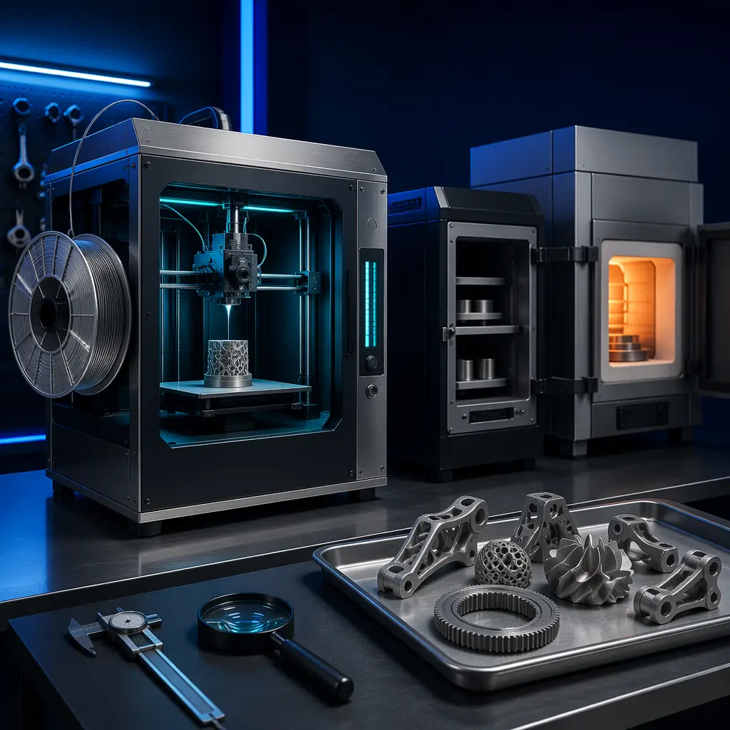 Metal FDM printer loading station with metal filament spool visible, adjacent debinding station and sintering furnace in clean industrial workspace, finished metal parts displayed on inspection tray, engineering lab environment