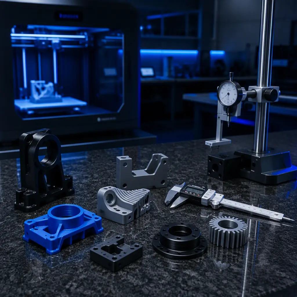 Printed parts laid out on a granite surface plate with dial gauges and a micrometer, dimensional inspection workflow in a metrology lab