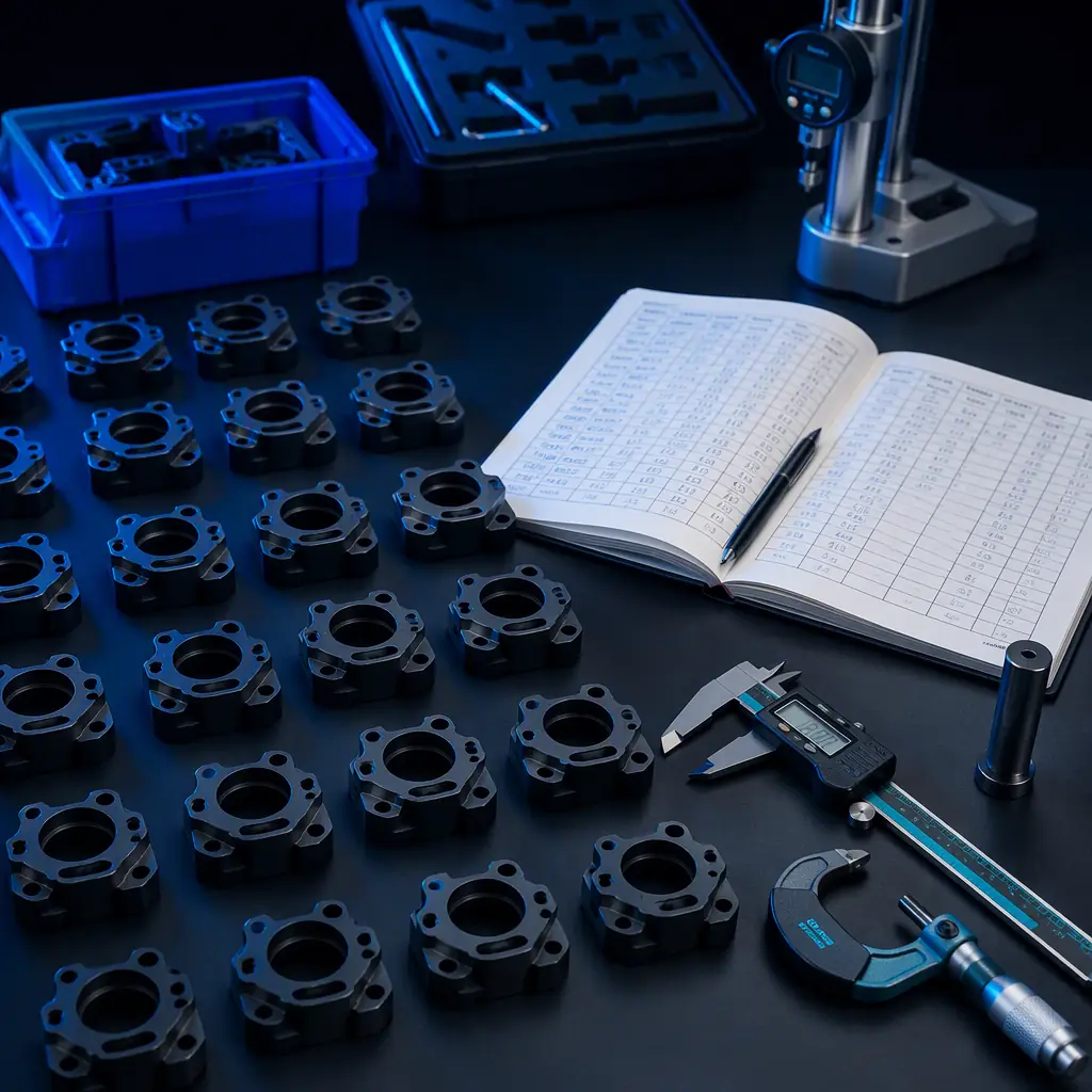 Array of measured printed parts beside an open inspection logbook and gauges on a metrology bench, batch quality verification theme