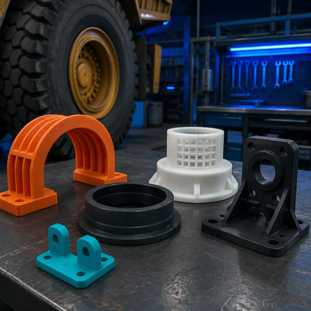 Array of 3D printed mining spare parts on a workshop bench in a mine maintenance shop: orange nylon cable guide, black TPU dust seal, white PP ventilation fitting, sensor mount bracket, haul truck wheel visible in background, industrial lighting