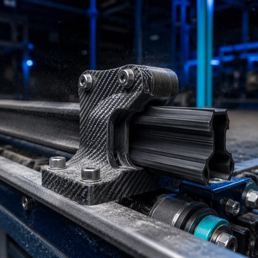 Macro close-up of 3D printed carbon-fiber nylon bracket and TPU dust seal on a vibrating conveyor test rig, dust particles in the air, heavy industrial environment, maintenance engineer gloved hand pointing at the printed part