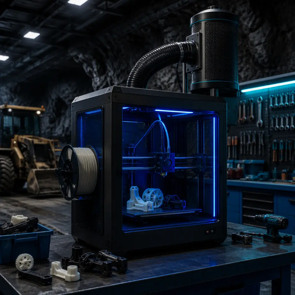 Enclosed 3D printer with carbon filter on a workbench inside a mine maintenance workshop, nylon filament spool mounted, printed mining spare parts on build plate, haul truck and workshop tools in background, industrial high-bay lighting