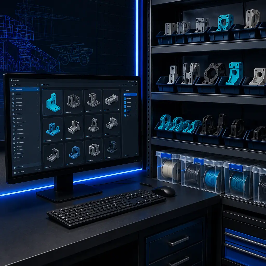 Digital parts library on a monitor in a mine maintenance office next to labeled bins of 3D printed spare parts, printed cable guides and sensor mounts organized on shelving, nylon and PP filament spools in sealed containers, professional industrial office setting