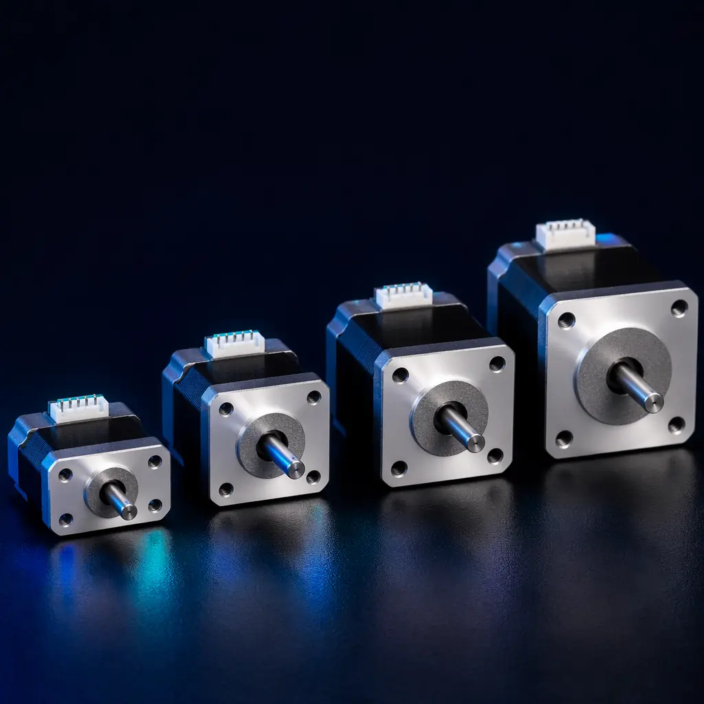 Close-up macro photograph of four NEMA 17 stepper motors lined up on a dark surface, different body lengths visible, laser-etched model numbers on labels, precision engineering photography with blue accent lighting