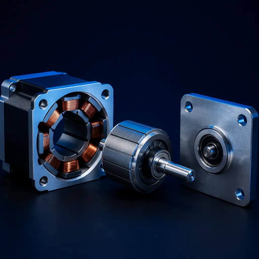 Disassembled NEMA 17 stepper motor showing rotor with permanent magnet, stator laminations, and bearing assembly, precision engineering cross-section on dark navy background with blue accent