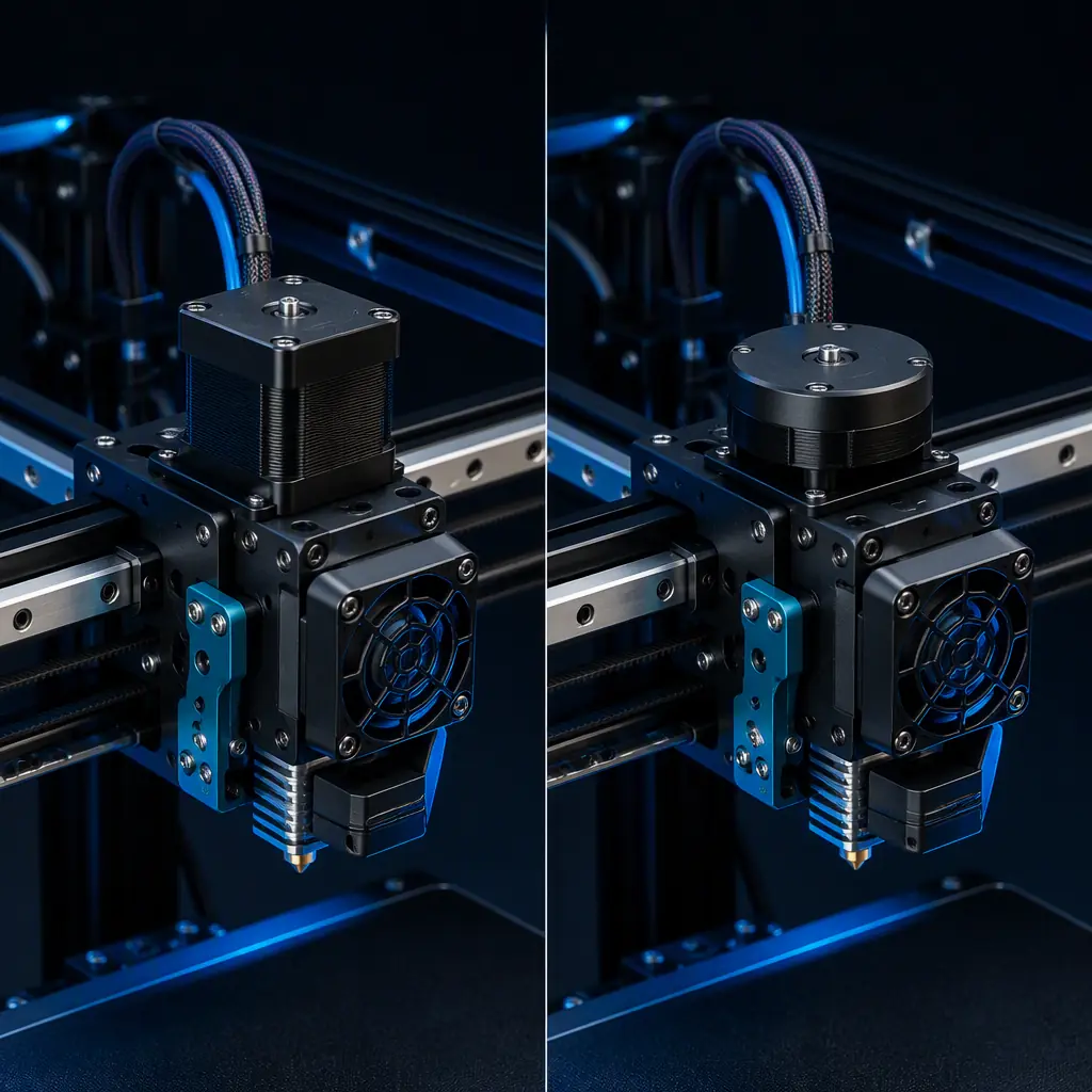 Side-by-side comparison of standard NEMA 17 and pancake NEMA 17 motors mounted on 3D printer toolheads, CoreXY gantry visible, precision engineering studio shot with blue accent lighting on dark background