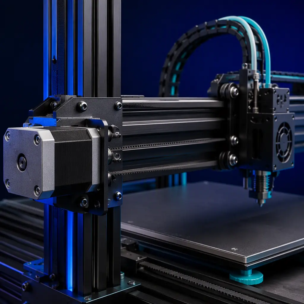NEMA 23 stepper motor mounted on large-format 3D printer gantry, belt tensioner and linear rails visible, industrial 3D printer assembly shot with blue accent on dark navy background
