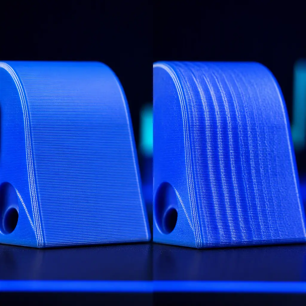 Close-up macro photo of 3D printed surface quality comparison, ultra-smooth layer lines with 0.9° motor on one side vs faint VFA pattern with 1.8° motor on other, side-by-side on dark navy background with blue accent