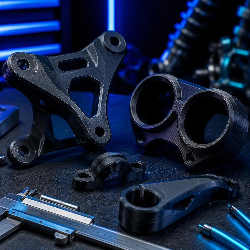 3D printed motorcycle spare parts on a workshop bench: fairing bracket, gauge pod, cable guide and mirror mount with printed layer lines visible, calipers beside the parts, studio lighting