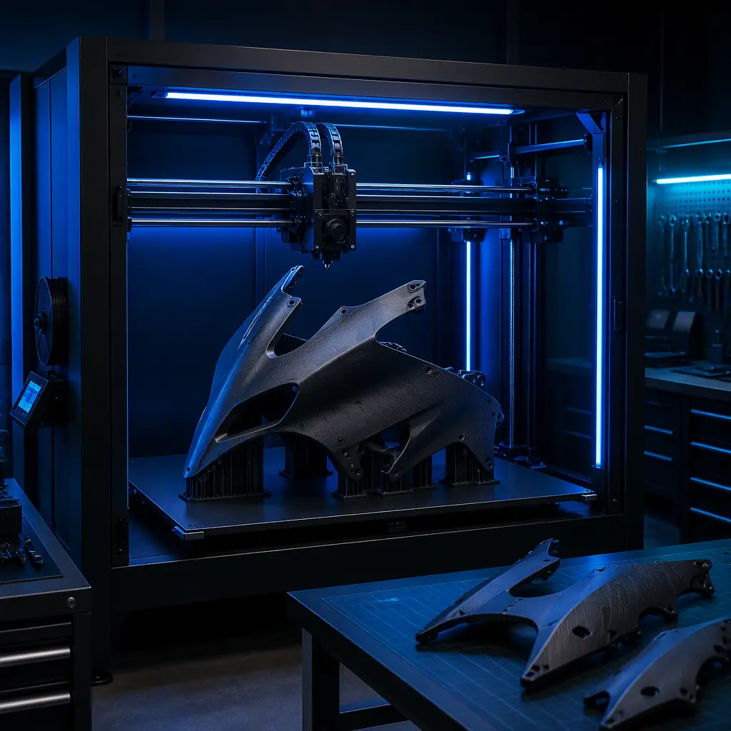 Large-format 3D printer producing a motorcycle fairing panel in an engineering workshop, printed ABS panels on the build plate, LED-lit chamber, deep navy tones with electric blue accent lighting